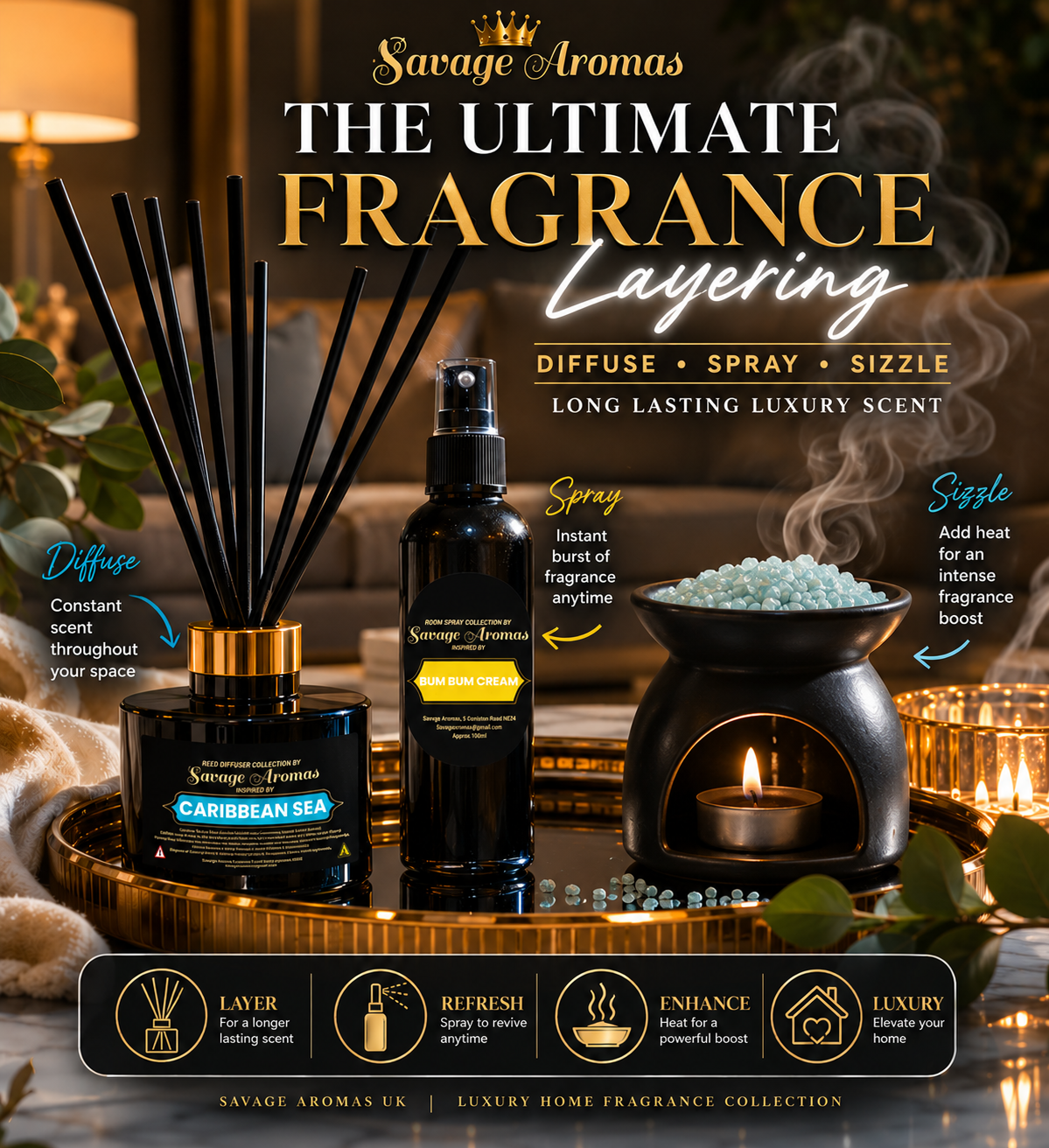 Luxury home fragrance layering setup with reed diffuser room spray and sizzlers — Savage Aromas UK
